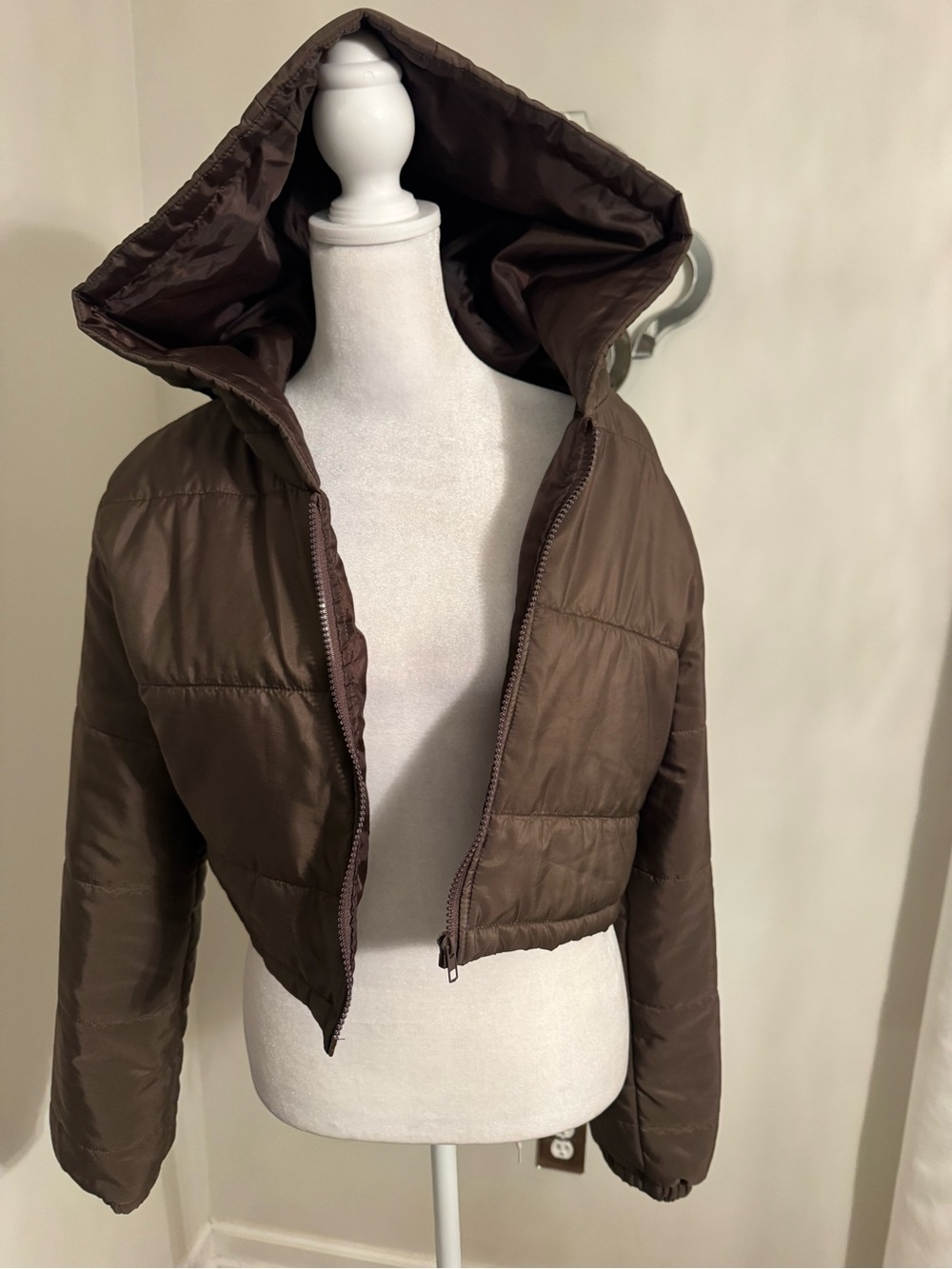 SHEIN Brown Cropped Hooded Puffer Jacket